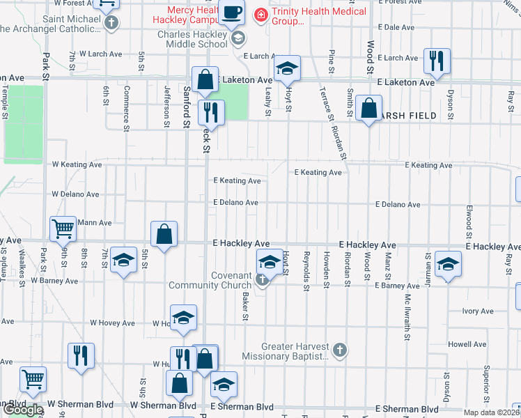 map of restaurants, bars, coffee shops, grocery stores, and more near 2117 Leahy Street in Muskegon Heights