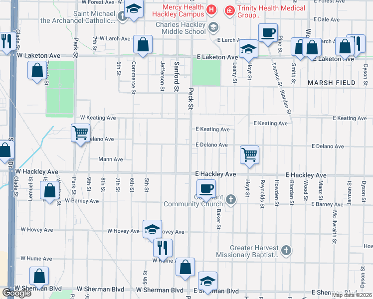map of restaurants, bars, coffee shops, grocery stores, and more near 2116 Sanford Street in Muskegon Heights