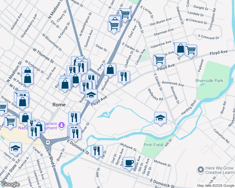 map of restaurants, bars, coffee shops, grocery stores, and more near 407 Myrtle Street in Rome