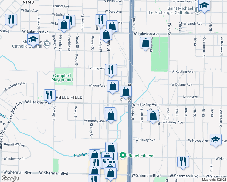 map of restaurants, bars, coffee shops, grocery stores, and more near 2160 Henry Street in Muskegon
