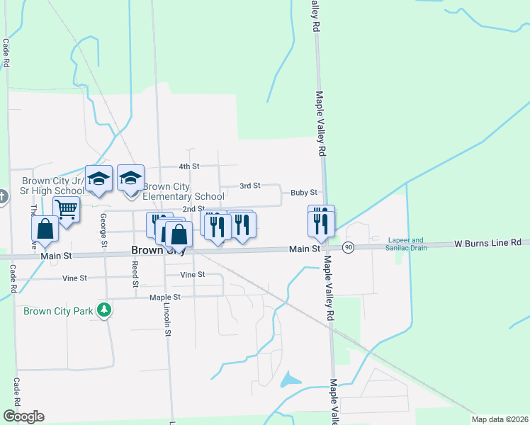 map of restaurants, bars, coffee shops, grocery stores, and more near 4073 2nd Street in Brown City