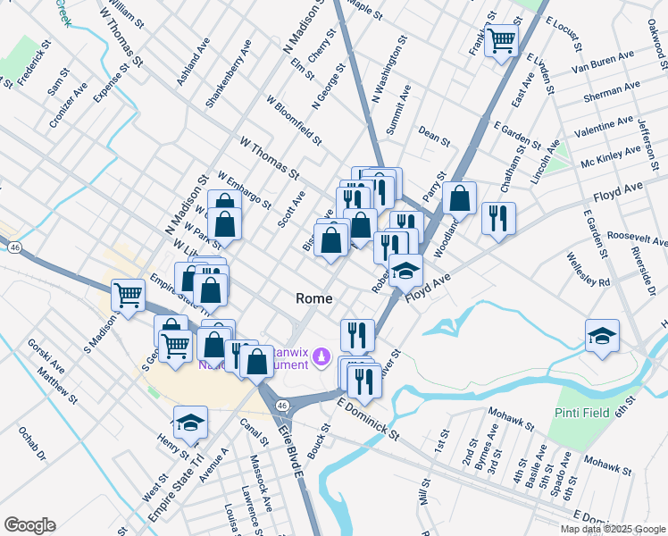 map of restaurants, bars, coffee shops, grocery stores, and more near 101-105 Stanwix St in Rome
