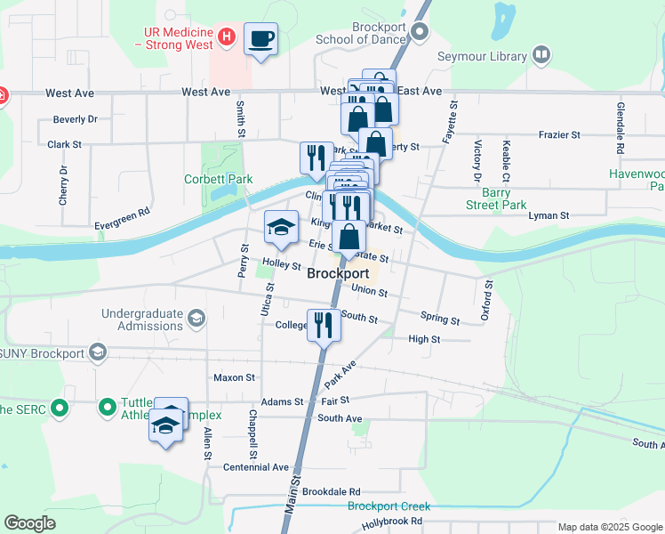 map of restaurants, bars, coffee shops, grocery stores, and more near 124 Main Street in Brockport