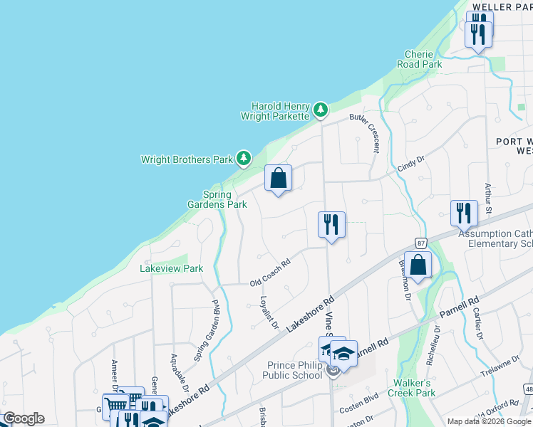 map of restaurants, bars, coffee shops, grocery stores, and more near 24 Mississauga Road in St. Catharines