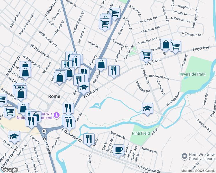 map of restaurants, bars, coffee shops, grocery stores, and more near 407 Myrtle Street in Rome