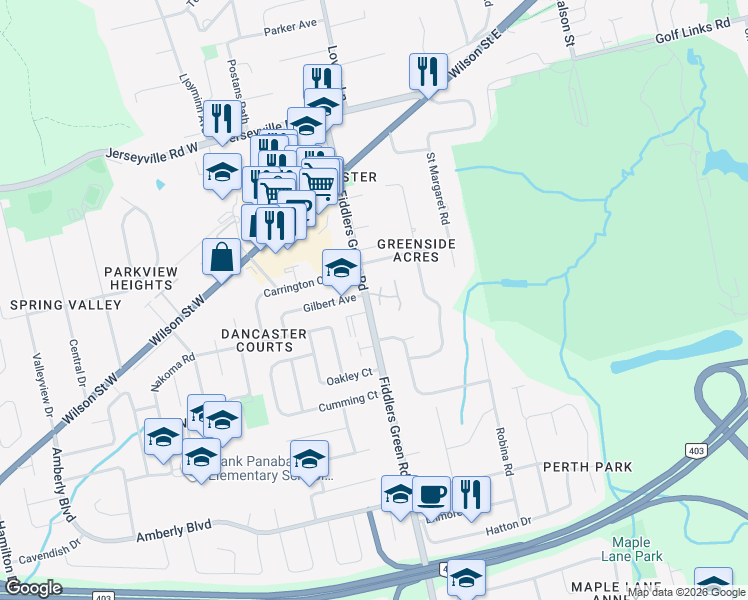 map of restaurants, bars, coffee shops, grocery stores, and more near 188 Fiddlers Green Road in Hamilton