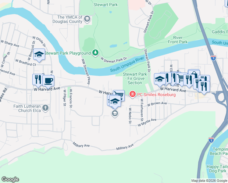 map of restaurants, bars, coffee shops, grocery stores, and more near 1802 West Harvard Avenue in Roseburg