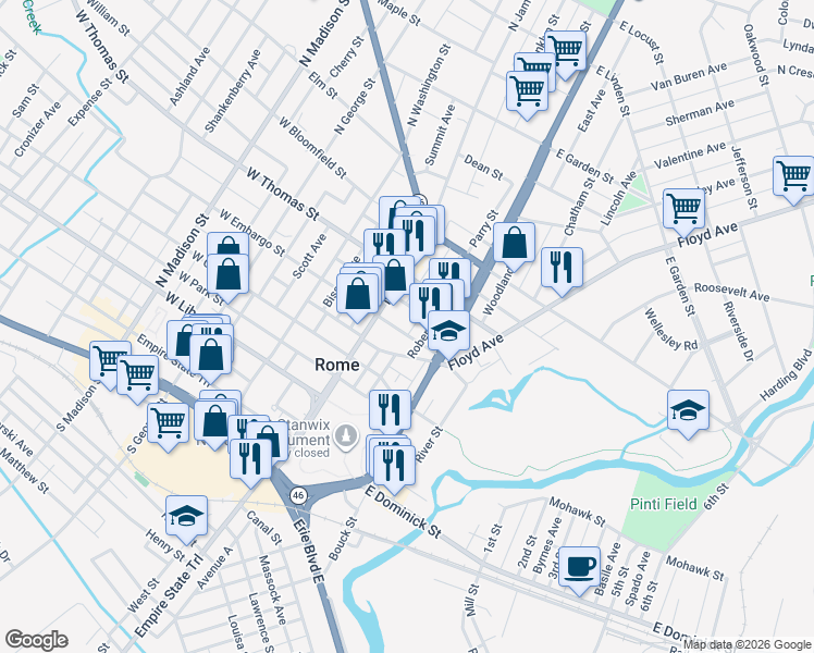 map of restaurants, bars, coffee shops, grocery stores, and more near 124 East Embargo Street in Rome