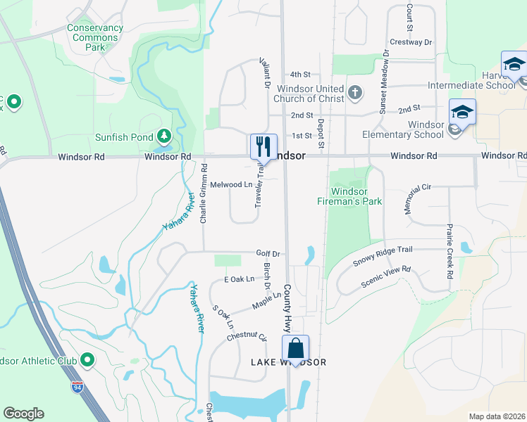 map of restaurants, bars, coffee shops, grocery stores, and more near 6641 Traveler Trail in Windsor