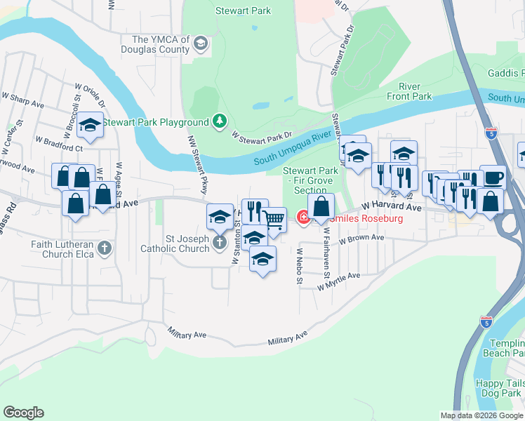 map of restaurants, bars, coffee shops, grocery stores, and more near 1802 West Harvard Avenue in Roseburg