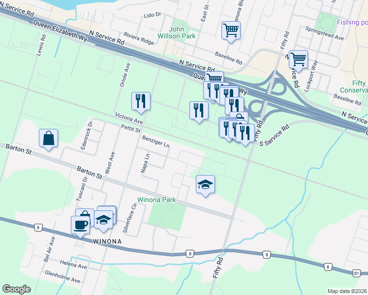 map of restaurants, bars, coffee shops, grocery stores, and more near 25 Pinot Crescent in Hamilton