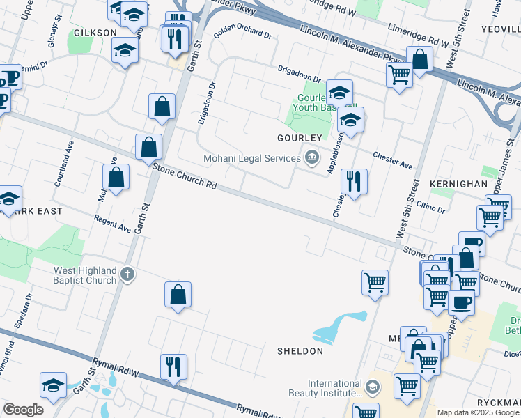 map of restaurants, bars, coffee shops, grocery stores, and more near 277 Stone Church Road West in Hamilton