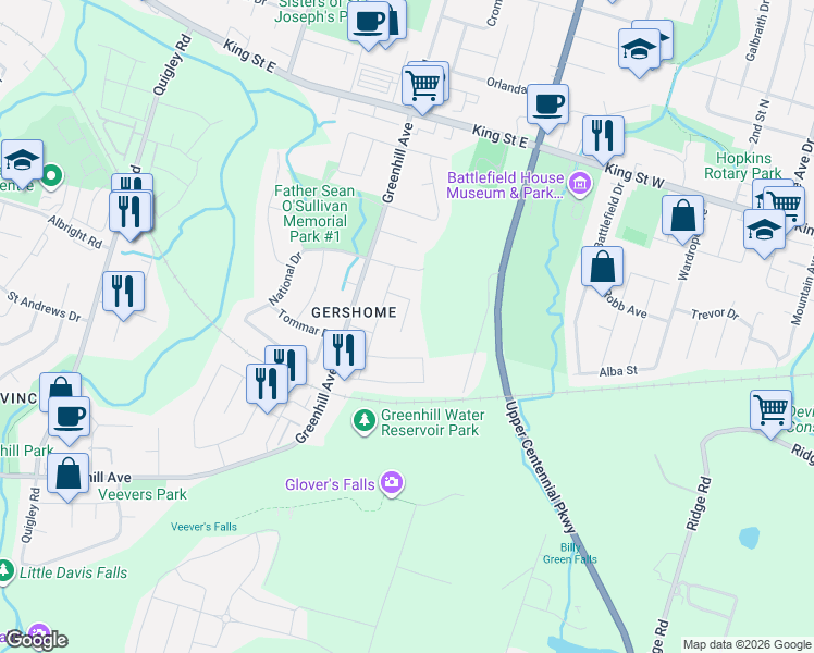 map of restaurants, bars, coffee shops, grocery stores, and more near 260 Nashville Circle in Hamilton