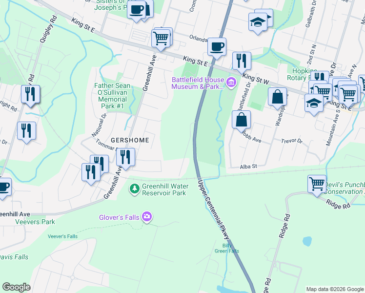 map of restaurants, bars, coffee shops, grocery stores, and more near 70 Webster Road in Hamilton