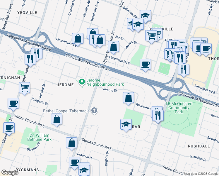 map of restaurants, bars, coffee shops, grocery stores, and more near 8 Newport Crescent in Hamilton