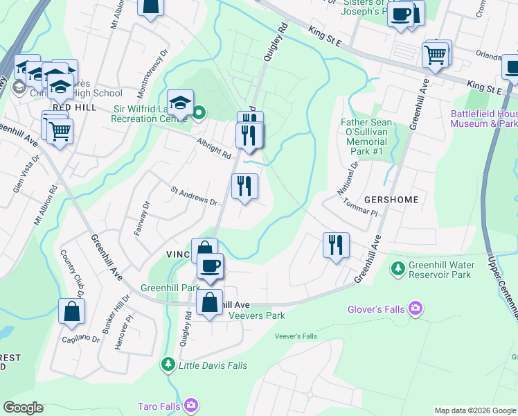 map of restaurants, bars, coffee shops, grocery stores, and more near 77 Tindale Court in Hamilton