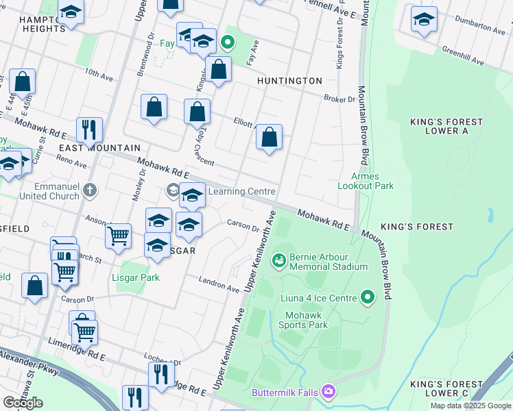 map of restaurants, bars, coffee shops, grocery stores, and more near 47 Algonquin Court in Hamilton