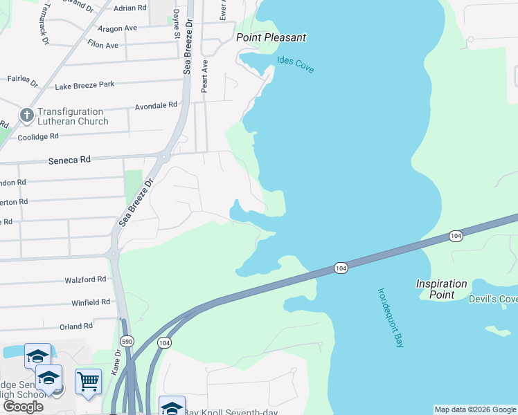 map of restaurants, bars, coffee shops, grocery stores, and more near 241 Shore Drive in Rochester