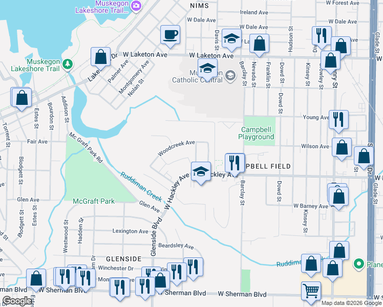map of restaurants, bars, coffee shops, grocery stores, and more near 1350 West Hackley Avenue in Muskegon
