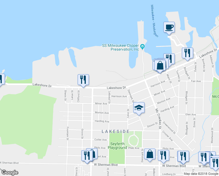 map of restaurants, bars, coffee shops, grocery stores, and more near 2300 Lakeshore Drive in Muskegon