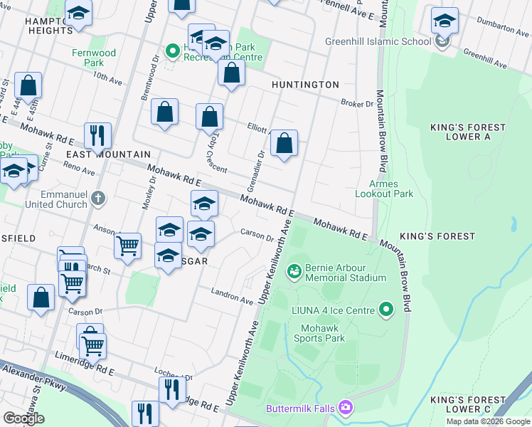 map of restaurants, bars, coffee shops, grocery stores, and more near 40 Algonquin Court in Hamilton