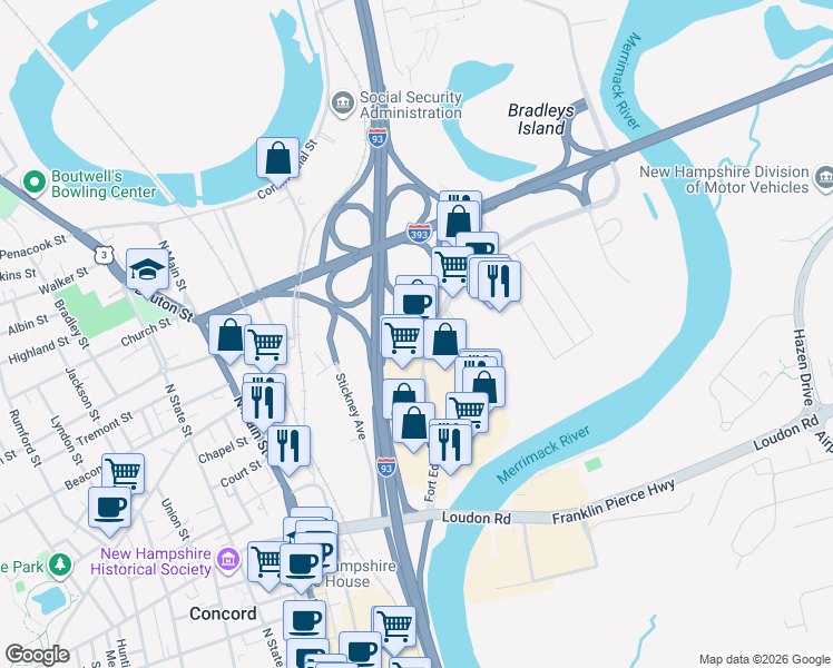 map of restaurants, bars, coffee shops, grocery stores, and more near 75 Fort Eddy Road in Concord