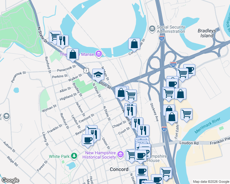 map of restaurants, bars, coffee shops, grocery stores, and more near 6 Franklin Street in Concord