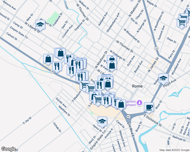 map of restaurants, bars, coffee shops, grocery stores, and more near 399 West Dominick Street in Rome