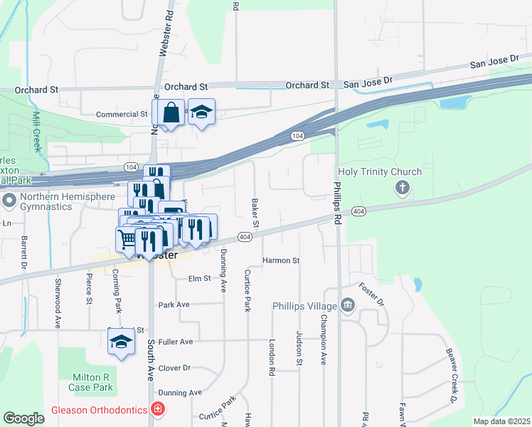 map of restaurants, bars, coffee shops, grocery stores, and more near 25 Baker Street in Webster