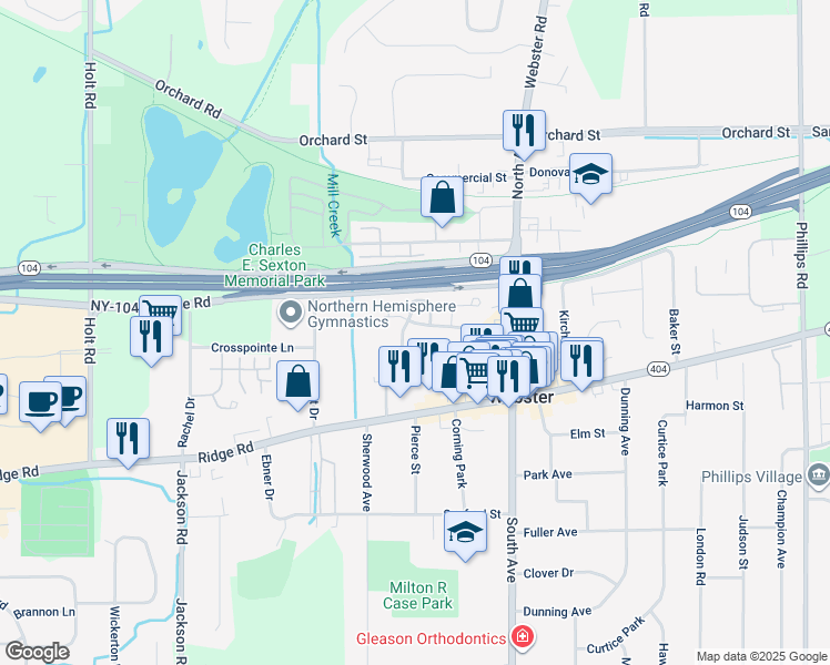 map of restaurants, bars, coffee shops, grocery stores, and more near 68 Reynolds Road in Webster