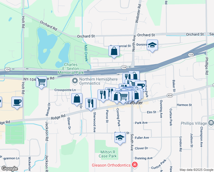 map of restaurants, bars, coffee shops, grocery stores, and more near 66 Reynolds Road in Webster