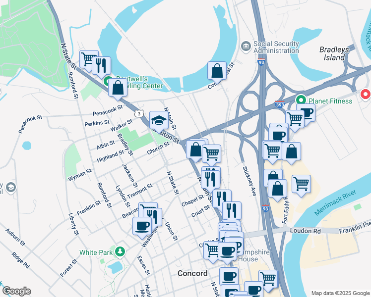 map of restaurants, bars, coffee shops, grocery stores, and more near 6 Franklin Street in Concord