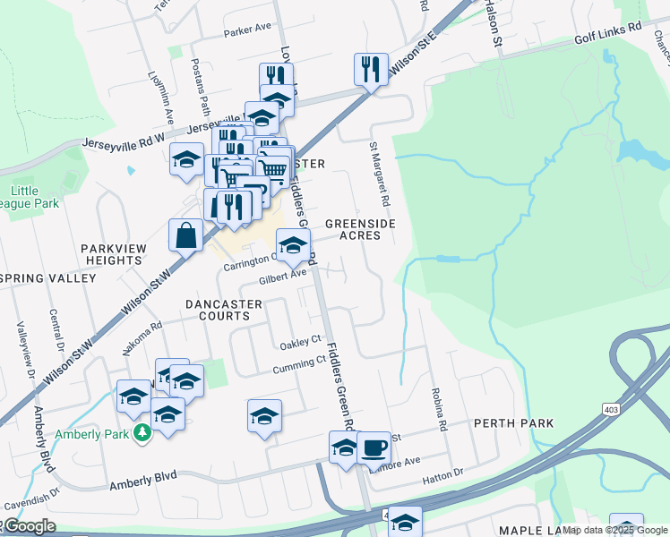 map of restaurants, bars, coffee shops, grocery stores, and more near 175 Fiddlers Green Road in Hamilton