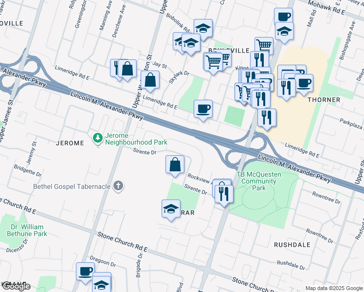 map of restaurants, bars, coffee shops, grocery stores, and more near 126 Merrilee Crescent in Hamilton