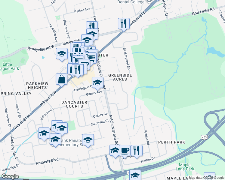 map of restaurants, bars, coffee shops, grocery stores, and more near 7 Ravina Crescent in Hamilton