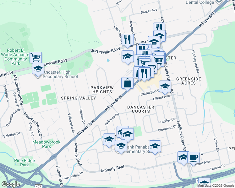 map of restaurants, bars, coffee shops, grocery stores, and more near 153 Wilson Street West in Hamilton