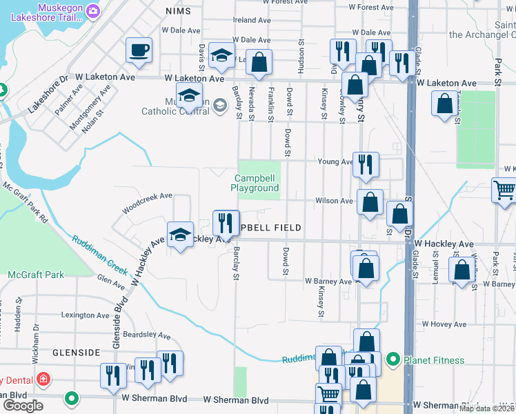 map of restaurants, bars, coffee shops, grocery stores, and more near 1085 Royale Glen Drive in Muskegon