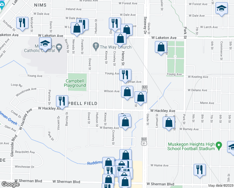 map of restaurants, bars, coffee shops, grocery stores, and more near 829 Wilson Avenue in Norton Shores