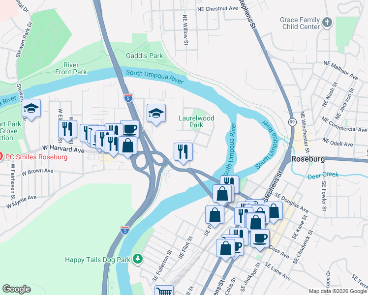 map of restaurants, bars, coffee shops, grocery stores, and more near 610 West Madrone Street in Roseburg