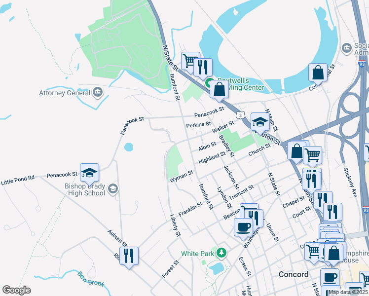 map of restaurants, bars, coffee shops, grocery stores, and more near 155 Rumford Street in Concord