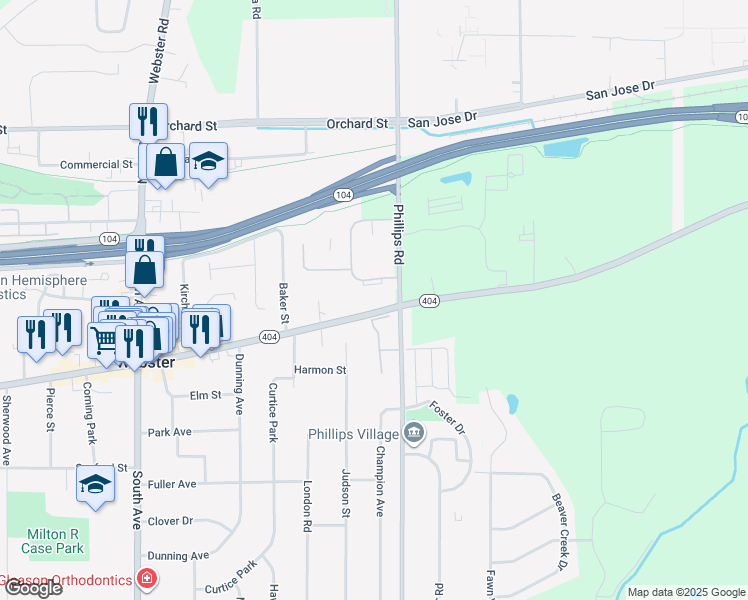 map of restaurants, bars, coffee shops, grocery stores, and more near 307 Hilfiker Lane in Webster