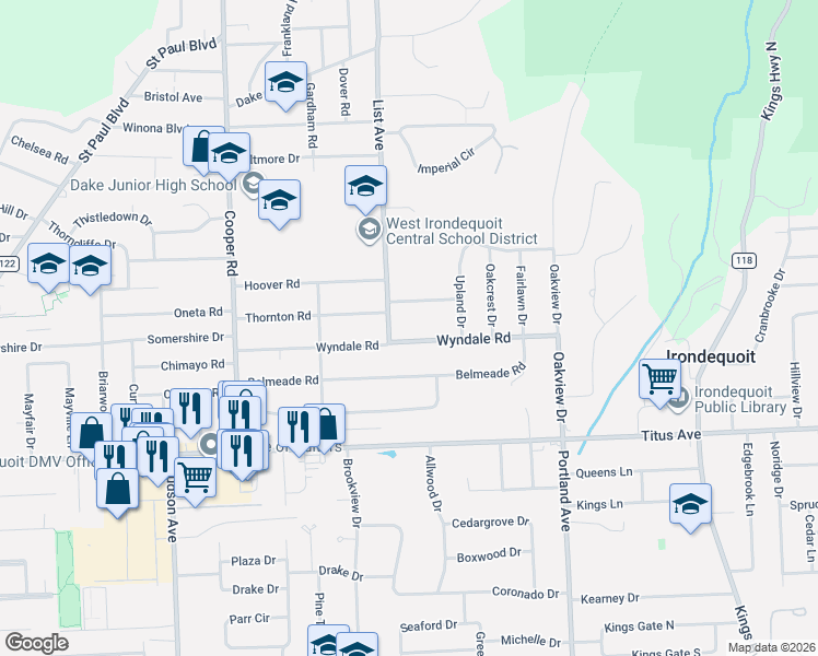 map of restaurants, bars, coffee shops, grocery stores, and more near 215 Wyndale Road in Irondequoit
