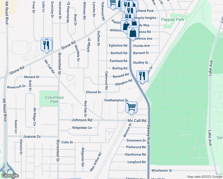 map of restaurants, bars, coffee shops, grocery stores, and more near 106 Oakwood Road in Rochester