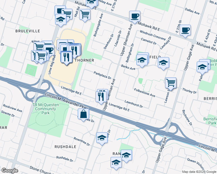map of restaurants, bars, coffee shops, grocery stores, and more near 1090 Upper Sherman Avenue in Hamilton