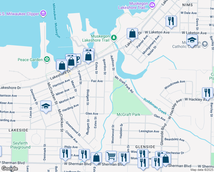 map of restaurants, bars, coffee shops, grocery stores, and more near 2168 Bourdon Street in Muskegon