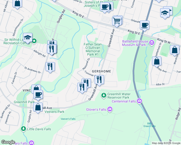 map of restaurants, bars, coffee shops, grocery stores, and more near 36 Tommar Place in Hamilton