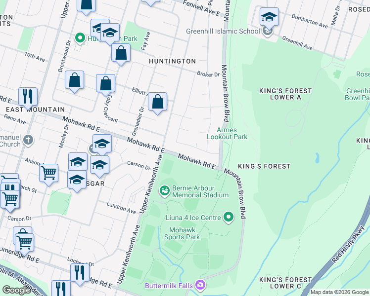 map of restaurants, bars, coffee shops, grocery stores, and more near 1125 Mohawk Road East in Hamilton