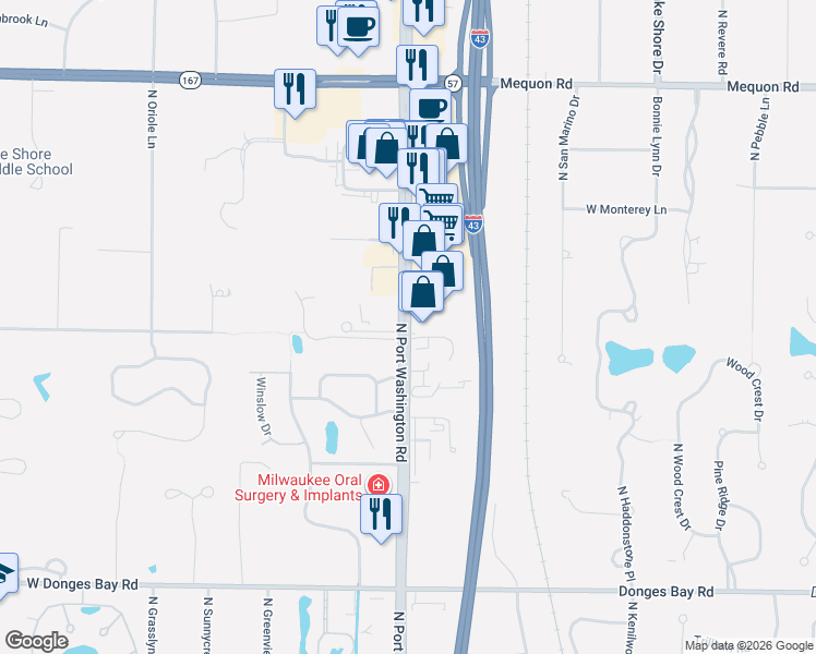 map of restaurants, bars, coffee shops, grocery stores, and more near 1235 Baldwin Court in Mequon