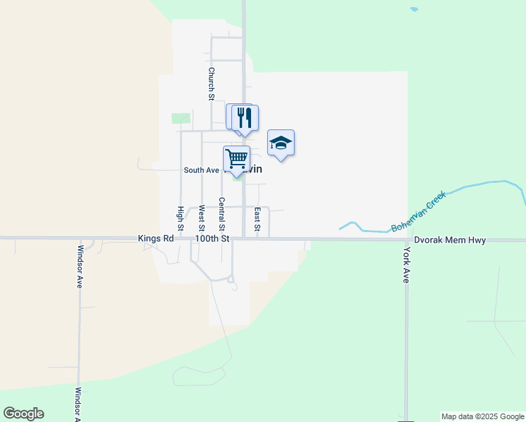 map of restaurants, bars, coffee shops, grocery stores, and more near 302-304 East Street in Protivin