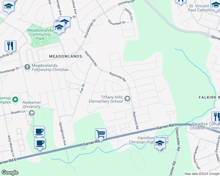 map of restaurants, bars, coffee shops, grocery stores, and more near 20 Whittington Drive in Hamilton